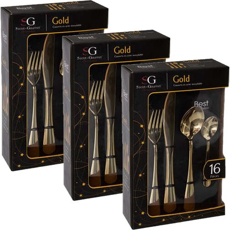 Lot de 3 ménagères en acier inoxydable 16 pièces GOLD (1/2)