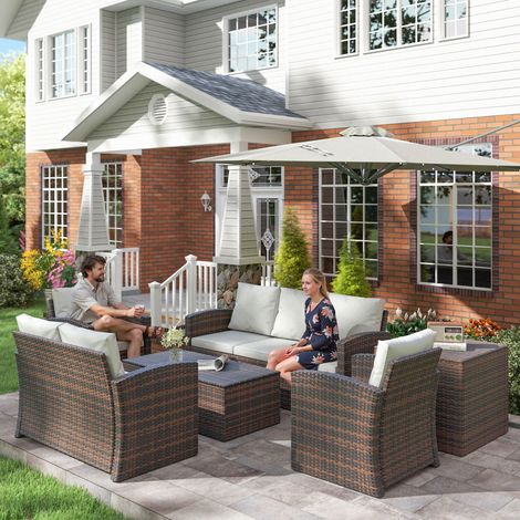 Conjunto de Jardín Exterior de Ratán 6 Piezas Cojines Sofá Doble Sofá 3 Plazas 2 Sillones 2 Mesas Auxiliares Beige