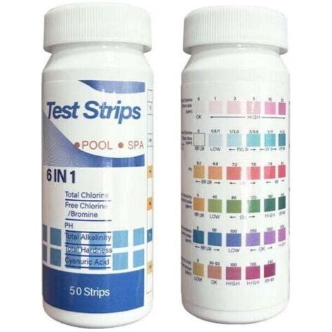 Lot de 50 Bandes de Test, 6 En 1 Bandes Spa Et Piscine, Bandes Test Eau pour Tester Chlore Libre, Le Brome, la dureté Totale, l’alcalinité Totale, l’Acide cyanurique et Le pH (1/4)