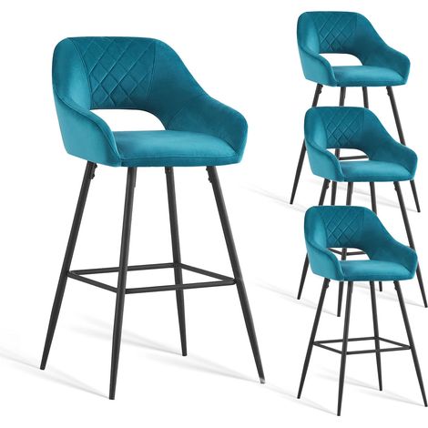 AINPECCA 4pcs Dark Teal Bar Stool Velvet Seat w/Backrest &Armrest Metal Leg Kitchen Breakfast