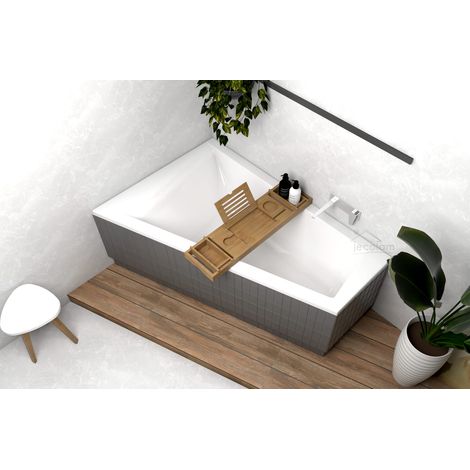 ECOLAM Baignoire trapéze Rita 150x100 cm  version gauche  Planche en Bambou  Vidange automatique Alcaplast + Pieds et silicone (1/5)