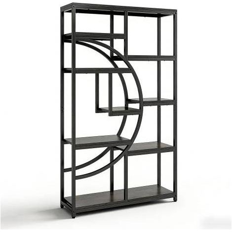 Bibliothèque étagère décorative en métal noir et bois, design géométrique en croissant, 9 niches ouvertes, meuble de rangement salon, bureau, chambre CHICFURN (1/5)