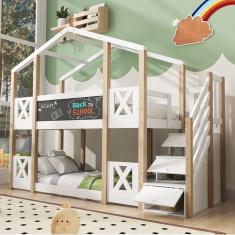 Cama infantil litera 90 x 200 cm con escalera de almacenaje y pizarra, blanco y madera HAVRYA (1/5)