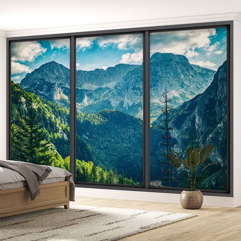 Papier peint panoramique Trompe l'oeil baie vitrée - Montagnes - 325 cm x 195 cm (1/5)