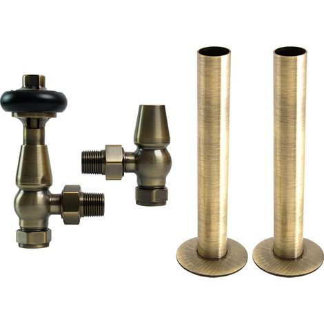 Traditional Thermostatic TRV Angled Radiator Valves Pipes Collars Polished Antique Brass (1/5)