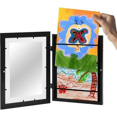 Cadre Enfants - Bois Naturel - Verre Trempé Sans Plomb - Suspension Murale Horizontale Ou Verticale - Pour Dessins Et Illustrations 2D 3D - 1 Pièce (1/4)