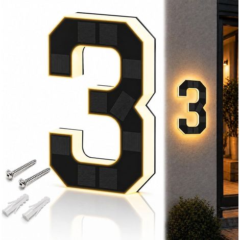 JSSEVN - Numero de Maison Solaire Illuminé pour Extérieur étanche, Plaque de Numéro de Maison Illuminée Solaire, Numéro de Maison Lumineux Noir (3, 23 cm) (1/5)