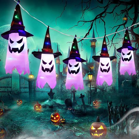 Decorazioni di Halloween per esterni con luci bianche, 5 fantasmi pendenti con cappelli da strega, luci decorative di Halloween per interni ed esterni. (1/5)