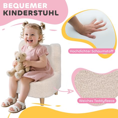 Fauteuil enfant en peluche à oreilles d'ours, revêtement polaire, rembourrage mousse, couleur beige (1/4)