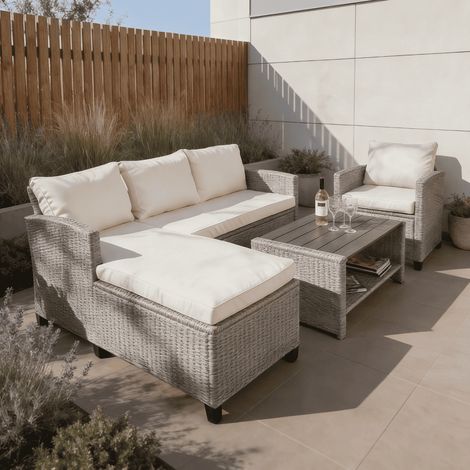 Trapani 4 Piece Garden Patio Furniture Set Corner Sofa Table Chair Cushions Grey (1/5)