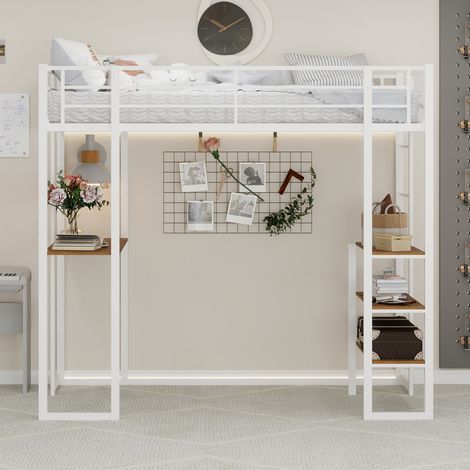 Lit mezzanine en métal blanc avec bureau en L, échelle réversible, garde-corps (1/5)