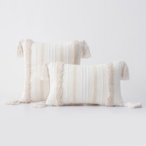 Ahlsen Lot de 2 Boho Housse de Coussin, Décoratives Doux Taies d'oreiller 30x50cm avec Tufted Tassel Coussin Décoration D'intérieur Housse Coussins pour Canapé Lit Chaise Chambre Salon, Beige (1/4)