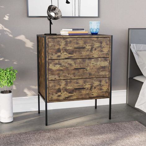 Brooklyn Commode 3 tiroirs table de chevet en bois meuble de rangement pour chambre, Bois-Foncé (1/5)