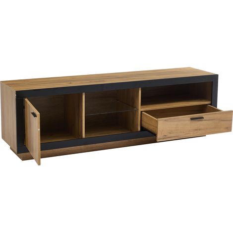 Meuble TV LED moderne en panneaux de particules et verre trempé 160x40x50 cm Noir et chêne avec éclairage RGB et rangements (1/5)