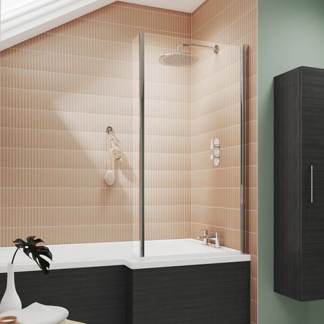Nuie Pacific L-Shaped Hinged Bath Screen 1430mm H x 795mm W - 6mm Glass