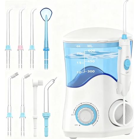 Irrigateur Oral - 600 ml - 10 Niveaux de Pression - 8 Embouts Jet - Pour Porteurs d'Appareils Dentaires et Famille