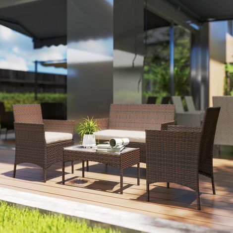 Ensemble jardin 4 pièces canapé 2 places 2 fauteuils table basse en rotin acier - Couleur: Marron, Beige