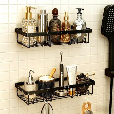 2 Pezzi Mensola per Doccia Senza Foratura, Supporto per Mensola per Organizzazione con Ganci Accessorio per il Bagno per Gel e Shampoo per il Bagno Cucina (Nero) (1/5)