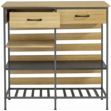Buffet de cuisine avec 2 tiroirs, 3 étagères ouvertes, buffet bois naturel et métal noir, meuble de rangement 90 x 40 x 91 cm (1/5)