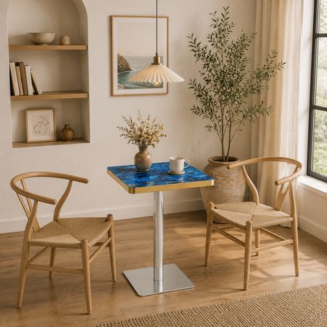 Table à manger carrée 60 x 60 cm effet marbre bleu avec structure en métal (1/5)