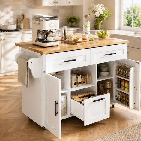 Chariot de rangement design scandinave, plateau rabattable à fermeture silencieuse, roues pivotantes 360°, étagère avec tiroirs et porte-serviettes, meuble de cuisine polyvalent.