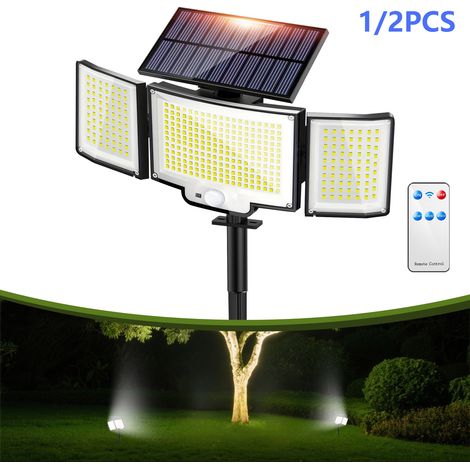 Lampe Solaire Extérieure à Piquer 328 LED, Projecteur Solaire Jardin à 3 Têtes avec Détecteur de Mouvement PIR, Télécommande, 3 Modes d’Éclairage, Lumière Blanche, IP65 Étanche, Éclairage pour Pelouse (1/4)