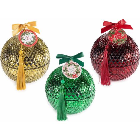 Candele profumate di Natale in vasetto di vetro colorato e lavorato, a forma di pallina con nappina e fiocchetto, set da 3 pezzi, Ø 10,5 cm x 12 H