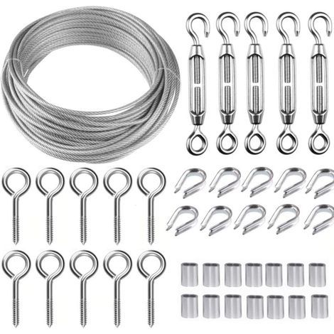 Corde en Acier Inoxydable à Suspendre Kit,30M/2mm Câble en Acier Inoxydable Revêtu avec M5 Tendeurs,Kit Cable Métallique 2mm pour Plantes Grimpante,Corde a linge,Rambarde,Cable de Garde Corps (1/4)