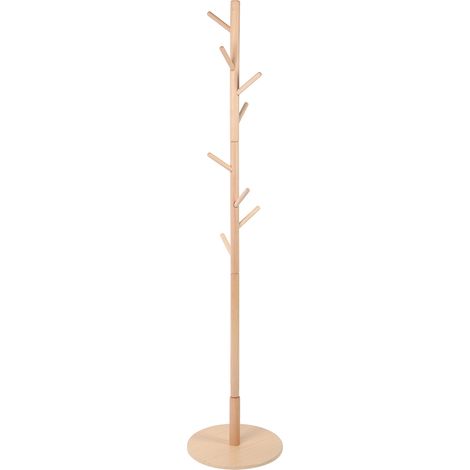 Porte-manteau sur pied en bois design arbre vintage base ronde stable crochets spirales hêtre MDF 175cm pour entrée salon (1/5)