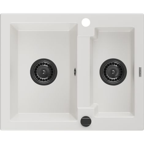 Mexen Carlos fregadero de granito de 1,5 senos 582 x 475 mm, blanco, sif贸n negro - 6518581500-20-B (1/5)