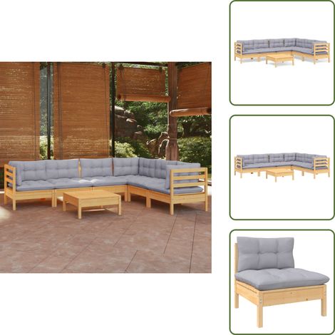 7-tlg. Garten-Lounge-Set mit Grauen Kissen Kiefer Massivholz - Garten Lounge Set - Kiefernholzmöbel - Outdoor Möbel - Gartentisch - Gartenstuhl (1/5)