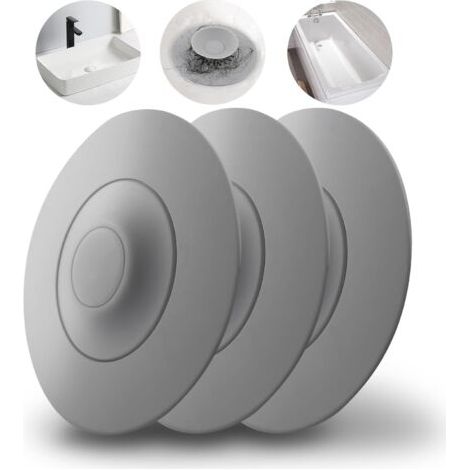 QORVA-Lot de 3 bouchons de baignoire en silicone gris - Bouchons de vidange universels pliables - Bouchons d'évier à enfoncer avec filtre pour aliments et cheveux pour éviers, lavabos et baignoires