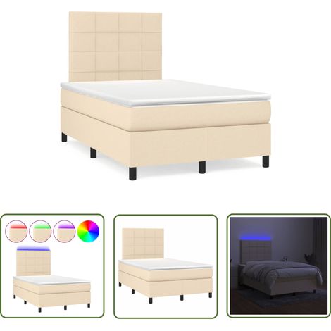 The Living Store Sommier à lattes de lit matelas et LED crème 120x190 cm tissu - Sommier Tapissier - Lit Double - Matelas Inclus - Éclairage Led - Têtière Ajustable (1/5)