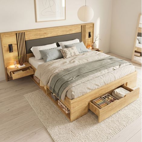 Cama doble con almacenaje y luz para dormitorio natural OKMYHOME (1/5)
