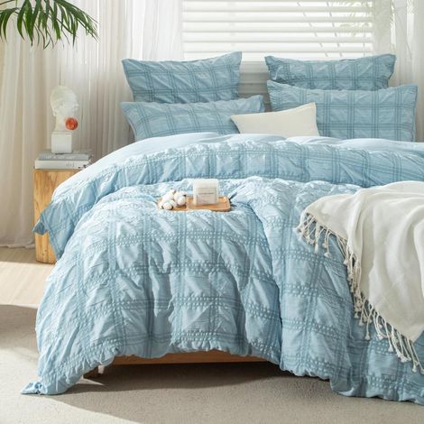Bettwäsche Set Seersucker Kariert Blau 135x200cm Mikrofaser Atmungsaktiv mit Reißverschluss