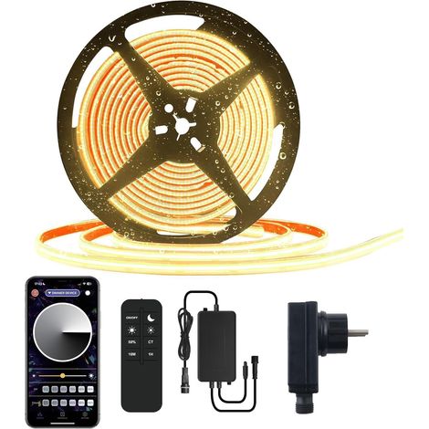 Ruban LED COB Extérieur 6M 3000K Blanc Chaud Bande IP67 24V Étanche avec Application et Télécommande Dimmable Minuterie Éclairage pour Jardin Salle de Bain Camping-Car Piscine (1/5)