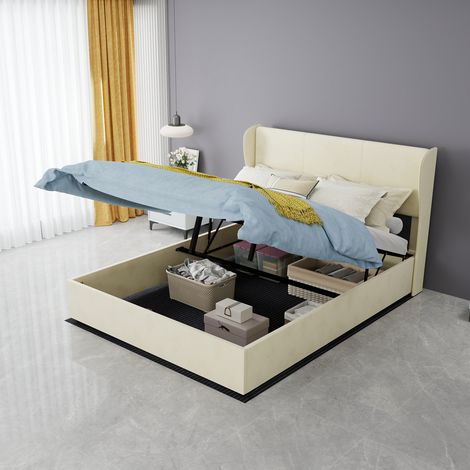 Lit capitonné moderne minimaliste tête douce confortable, 140 x 200 cm, beige, chambre multifonctionnel, coffre haut vérin gaz, matelas 140 (1/5)