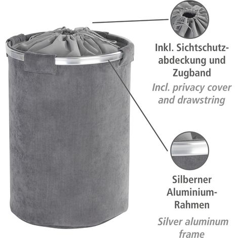 WENKO Panier à linge Cordoba, panier à linge sale avec cordon fermeture, capacité 68 litres, Polyester - aluminium, Ø 40x54 cm, gris (1/5)