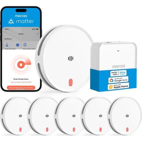 Détecteur de Fumée Connecté, 6 Pièces avec Hub MSH450 Alarme Incendie intelligente Wi-Fi avec double capteur optique, Détecteur Fumée avec Alerte APP, maillage 0,8 mm, 33 mm (1/5)