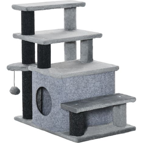 Scala per gatti a 3/4 gradini con cuccia e pallina, peluche grigio, truciolare (1/5)