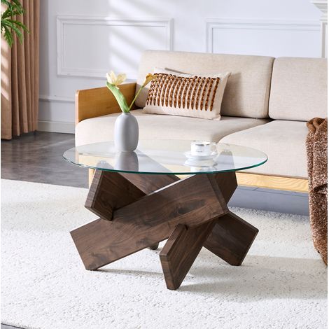 Table basse ronde en MDF bois foncé et verre transparent, plateau en verre 0,8 cm, diamètre 79 cm, hauteur 45 cm, pied croisé pour salon – de FLORAGRACE (1/5)