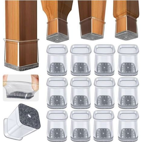 32 Protections pied chaise, Carrés silicone transparent, Patins feutre, S 20-25 mm, Sols bois carrelage (1/3)