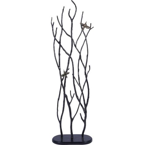 Decorative Screen Sculpture With Branches and Birds - Aluminium - L21 x W40 x H135 cm - Black