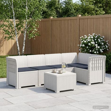 Canapé de Jardin Modulable 5 Places Aspect Rotin PP Blanc avec Table et Coussins - PANGIVO (1/5)