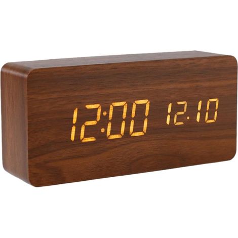 Wooden LED digital alarm clock with large LCD screen, time, date, temperature (brown) (1/5)