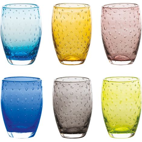 Set 6 Bicchieri Bolicante in Vetro Soffiato Artigianale Muranese, Design Effetto Bolle, Colori Assortiti, Resistenti Lavastoviglie 60°C - Premium