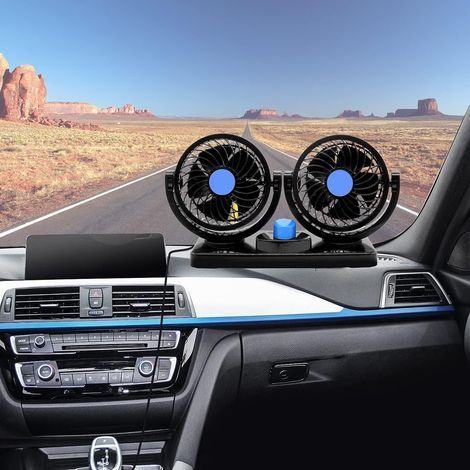 Ventilatore elettrico per auto da 12 V, con doppia testa girevole a 360°, rotazione manuale e 2 velocità. (Spina accendisigari, colore nero) (1/5)