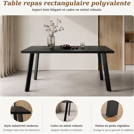 GOEURVANT Table à manger design 160x80 cm, plateau monobloc Chêne noir, pieds inclinés en métal, style industriel moderne (1/5)