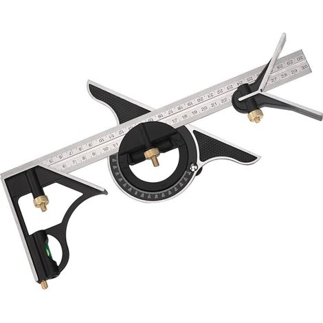 Équerre Combinée en Métal Règle de Menuiserie Multifonction Règle d'angle de Combinaison avec Rapporteur d'Angle à Niveau à Nulle Tête Droite 300 mm
