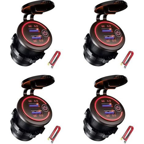 4x QC 3.0 Dual-USB-Ladebuchse, 12V/24V wasserdichter USB-Stecker mit Touch-Schalter für Auto, Boot, Wohnmobil, Motorrad, Rot